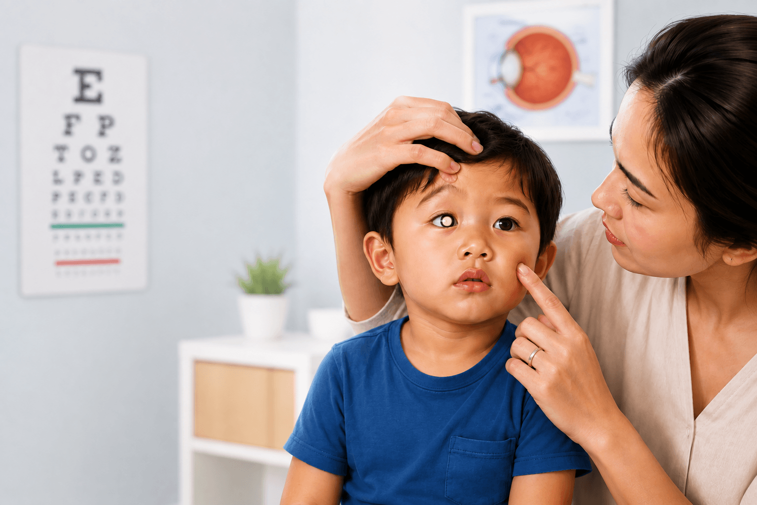 Illustration of retinoblastoma showing leukocoria in a child