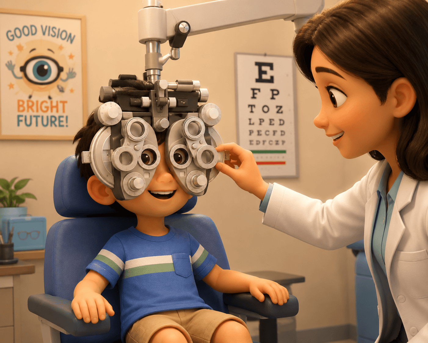 Child receiving a follow-up eye examination after treatment