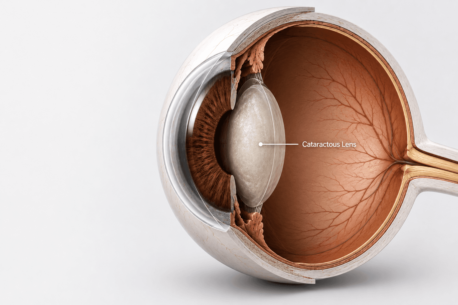 Cross-sectional illustration of an eye demonstrating a cataractous lens