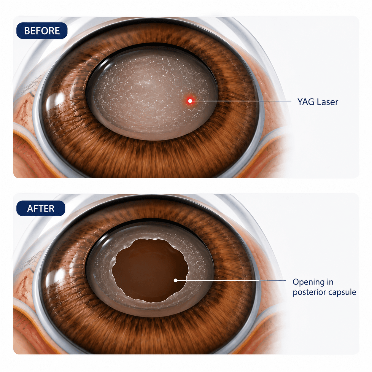 Illustration of posterior capsular opacification and YAG laser capsulotomy